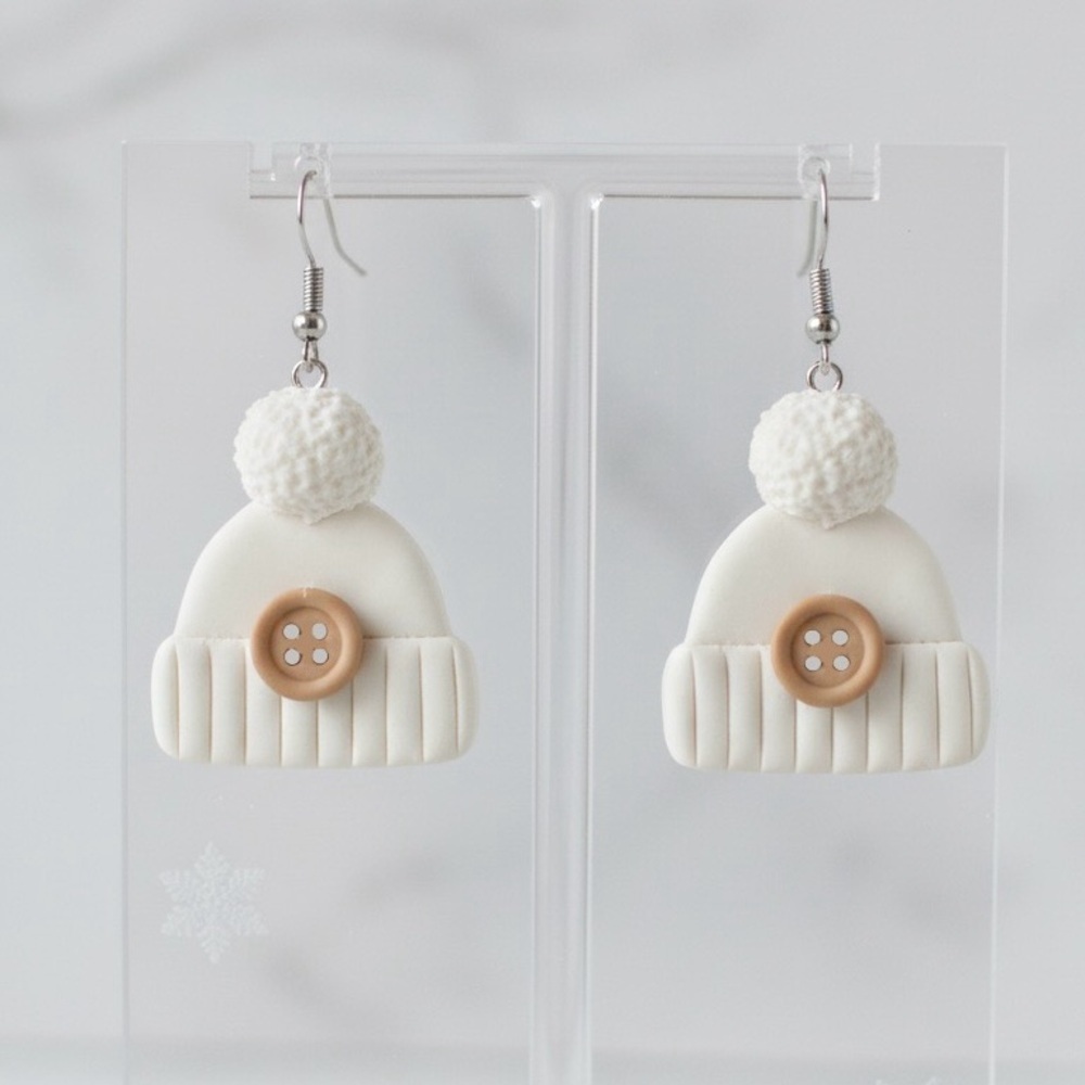 Winter Toque - Handmade Earrings - Polymer Clay - White